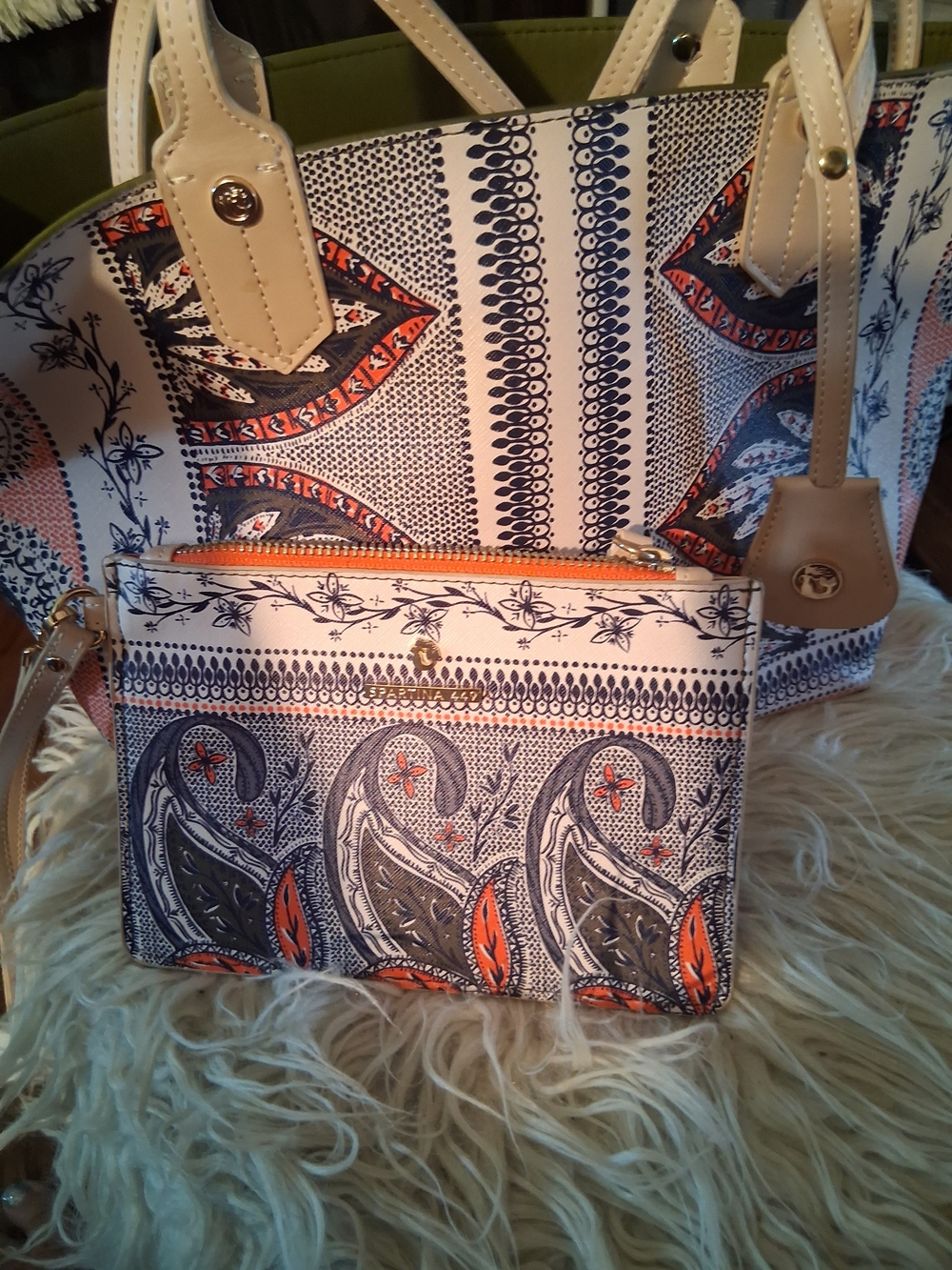 Spartina 449 Navy, Orange & Cream Patterned Tote with Matching Pouch